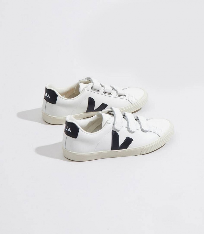 Zapatillas Veja 3-lock Cuero Mujer Blancas Negras | 23150-RSAM