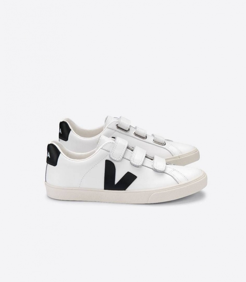 Zapatillas Veja 3-lock Cuero Mujer Blancas Negras | 23150-RSAM