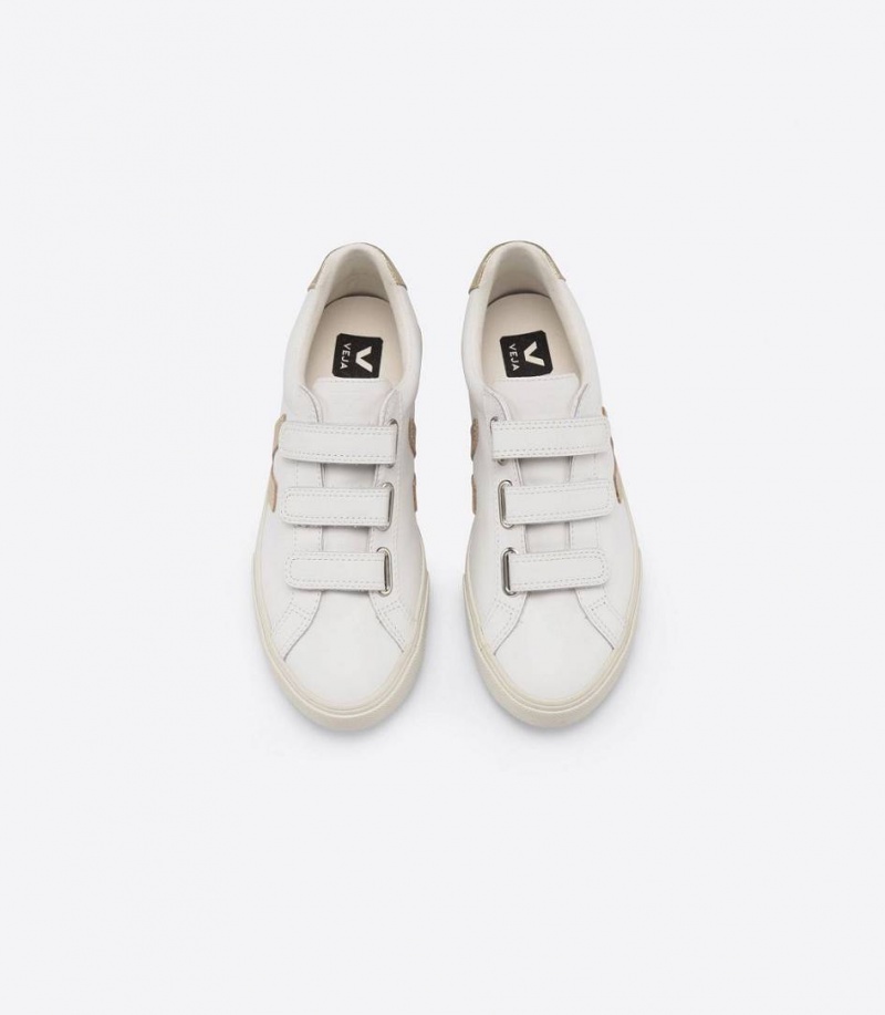 Zapatillas Veja 3-lock Cuero Mujer Blancas Doradas | 73465-WUDF