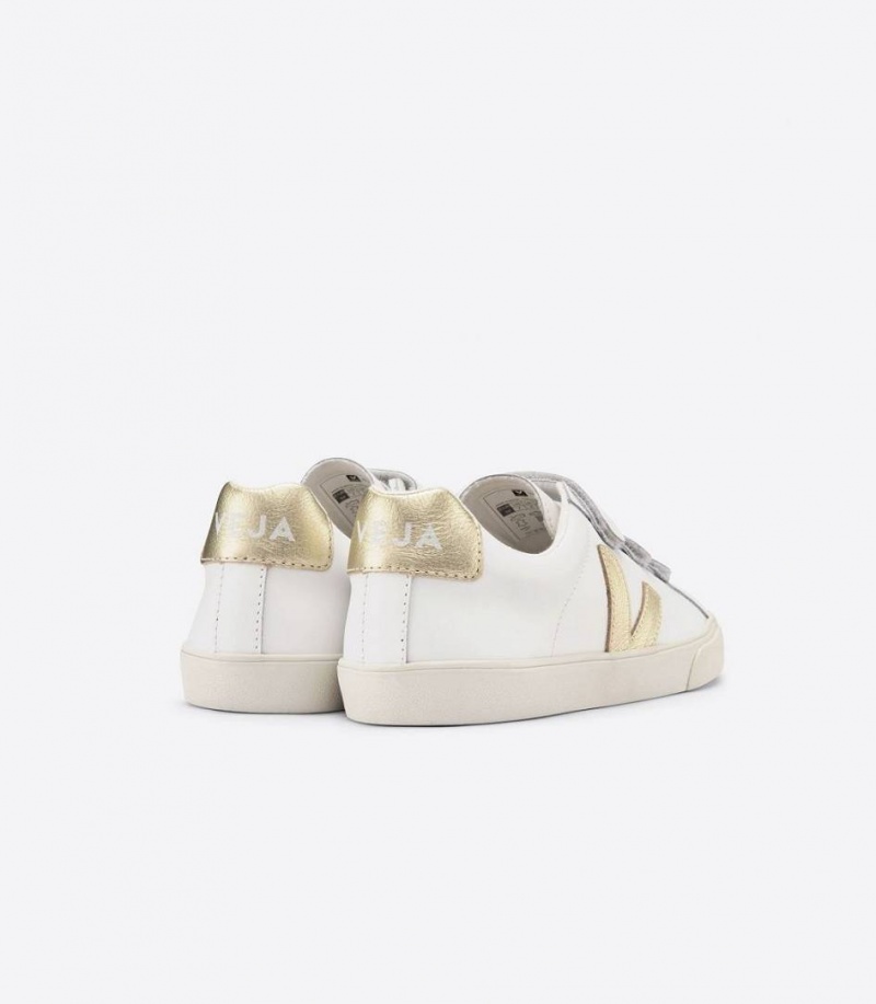 Zapatillas Veja 3-lock Cuero Mujer Blancas Doradas | 73465-WUDF