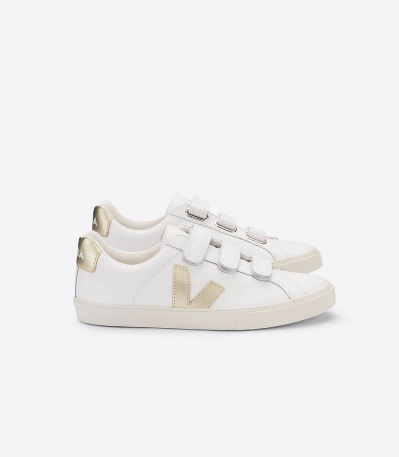 Zapatillas Veja 3-lock Cuero Mujer Blancas Doradas | 73465-WUDF
