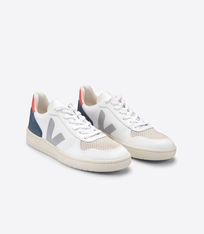 Zapatillas Veja V-10 Cuero Hombre Blancas Gris Naranjas | 27908-NEUO