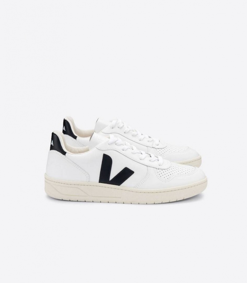 Zapatillas Veja V-10 Cuero Hombre Blancas Negras | 18504-VLTZ