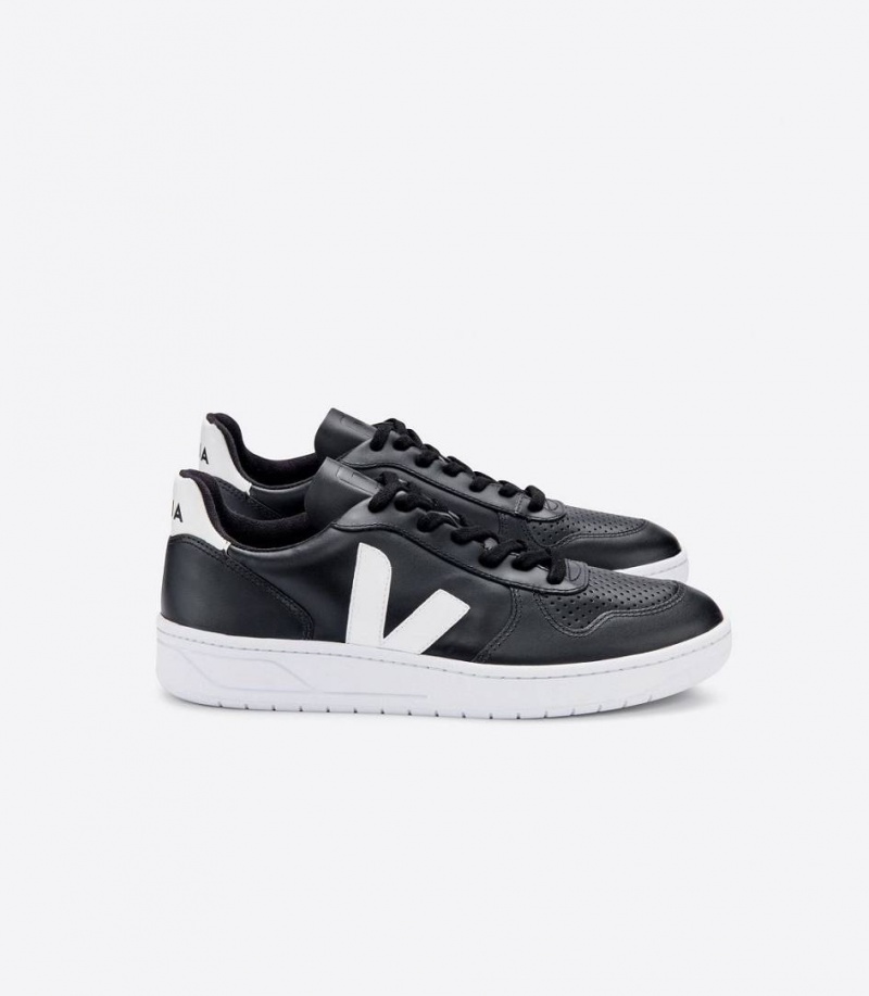 Zapatillas Veja V-10 Cuero Hombre Negras Blancas | 41526-IMTV