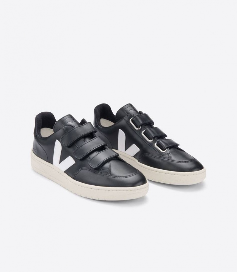 Zapatillas Veja V-lock Cuero Hombre Negras Blancas | 49187-YITQ