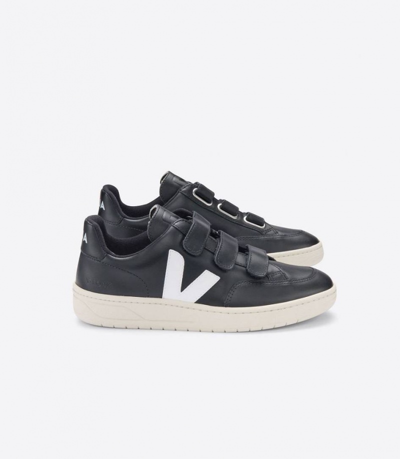 Zapatillas Veja V-lock Cuero Hombre Negras Blancas | 49187-YITQ